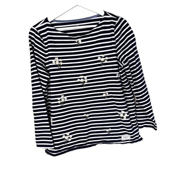 Talbots Authentic TeeTop Large Petite Blue Striped Embroidered Daisy Floral - Picture 1 of 10